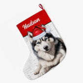 Kerst Husky Hond met Naam Woof Achtergrond Grote Kerstsok (Achterkant (Hangend))