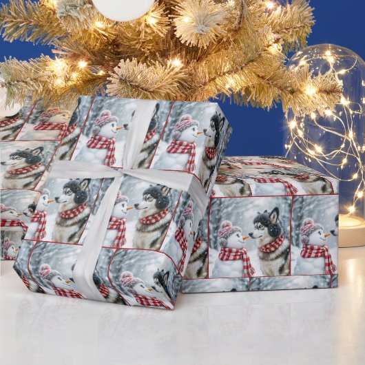 Kerst Husky hond met sneeuwpop Cadeaupapier (Feestdagen)