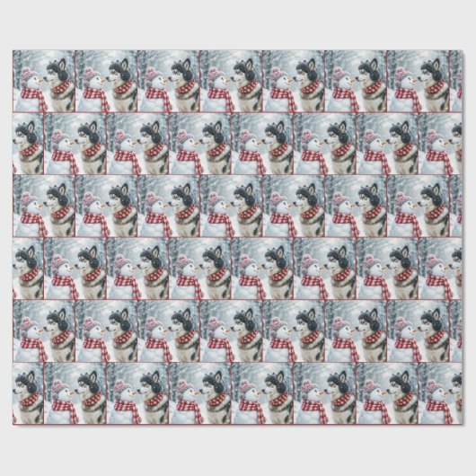 Kerst Husky hond met sneeuwpop Cadeaupapier (Vlak)