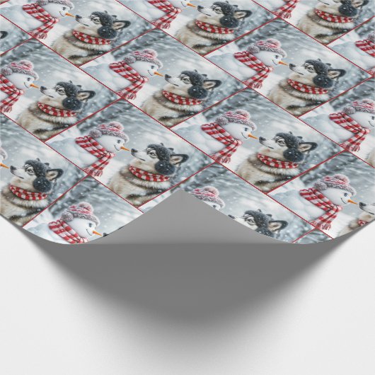Kerst Husky hond met sneeuwpop Cadeaupapier (Hoek)