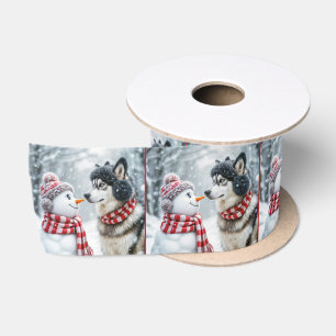 Kerst Husky hond met sneeuwpop Satijnen Lint