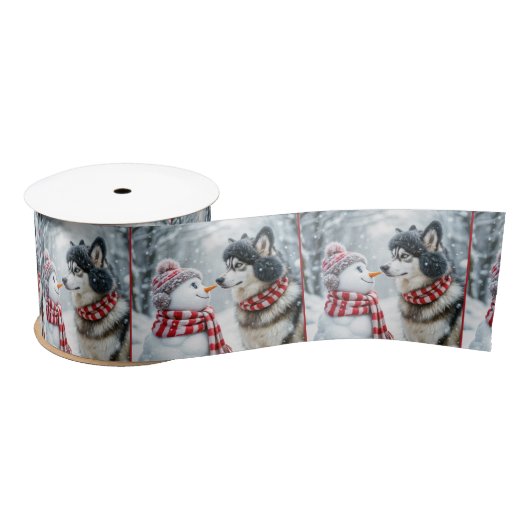 Kerst Husky hond met sneeuwpop Satijnen Lint (Spoel)