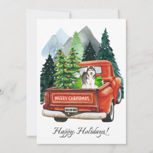 Kerst Husky Hond & Oude Truck Aquarel Feestdagenkaart