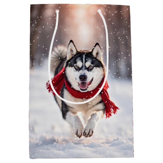 Kerst Husky met rode sjaal Medium Cadeauzakje (Voorkant)