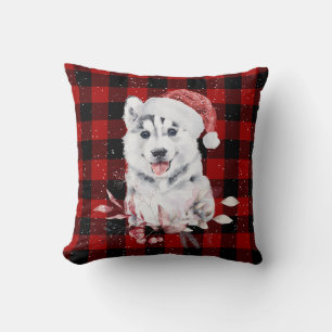 Kerst Husky Op Buffalo Plaid   Kussen