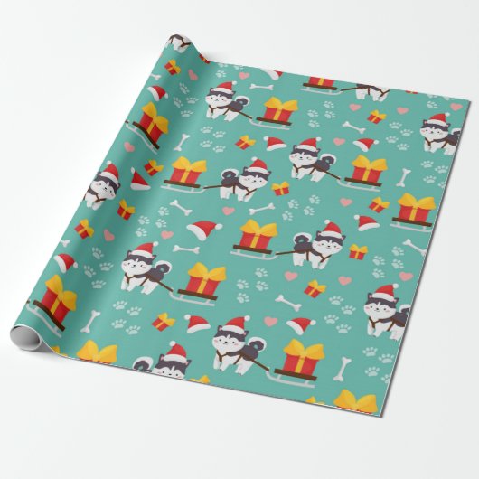 Kerst Husky Patroon Cadeaupapier (Uitgerold)