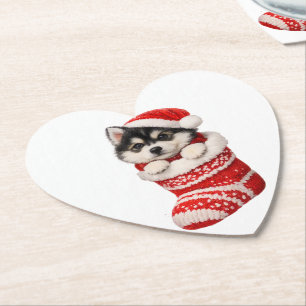 Kerst Husky Puppy  Kartonnen Onderzetters