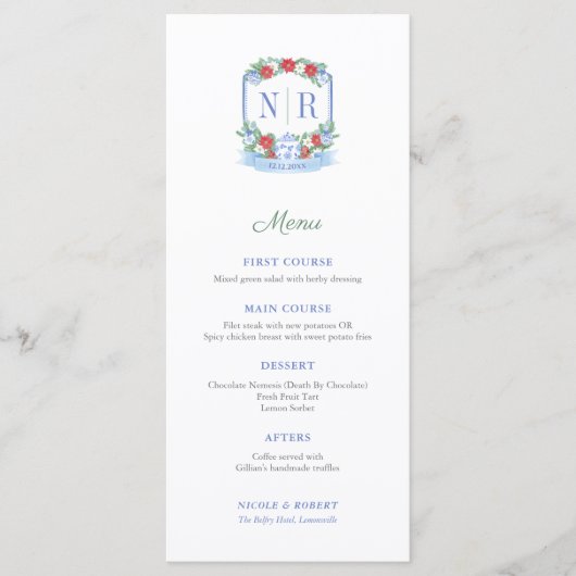 Kerst Huwelijk Monogram Individuele Plaats Namen Menu (Voorkant)