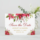 Kerst Huwelijk Poinsettia Bloemstuk Goud Rood Save The Date (Staand voorkant)