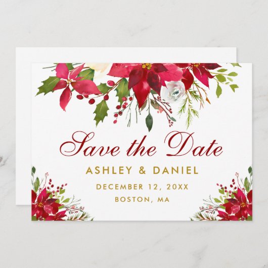 Kerst Huwelijk Poinsettia Bloemstuk Goud Rood Save The Date (Voorkant / Achterkant)