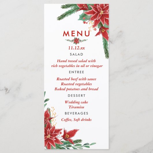 Kerst Huwelijksmenu met Rode Poinsettia Menu (Voorkant)