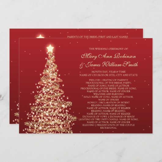 Kerst Huwelijksprogramma Rood Goud Kaart (Voorkant / Achterkant)