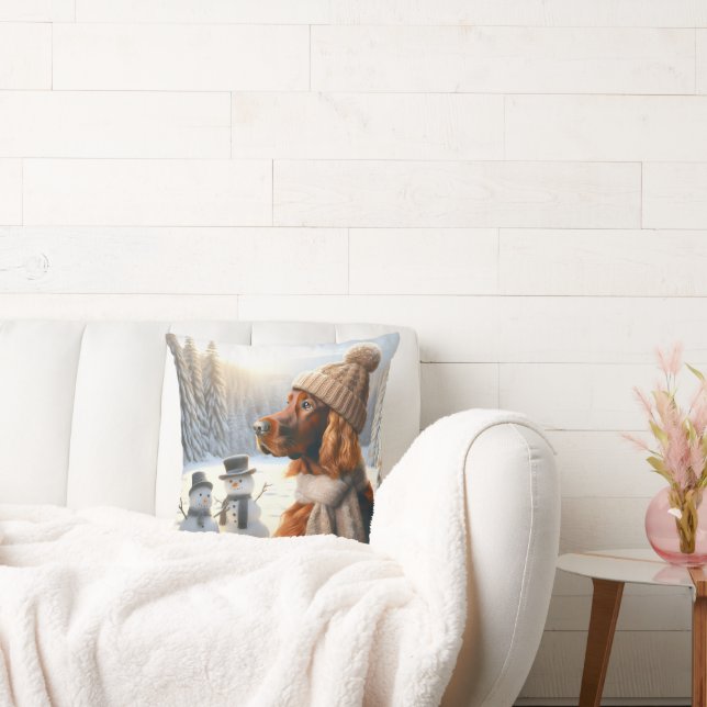 Kerst Ierse Setter en Sneeuwmannen Kussen (Bank)