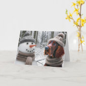 Kerst Ierse Setter Hond Met Een Sneeuwman Kaart (Gele Bloem)