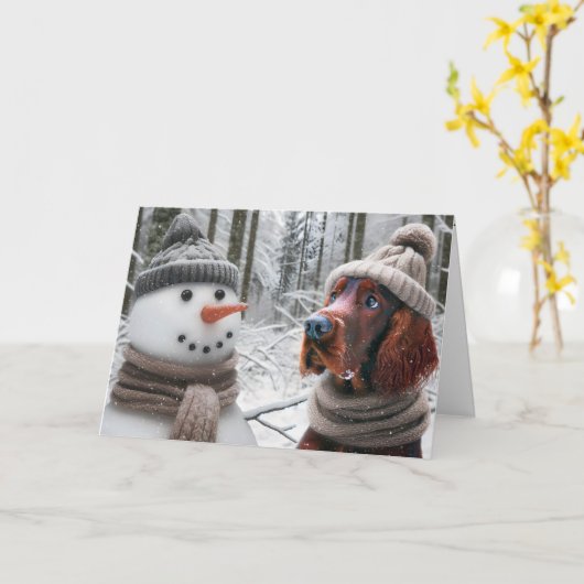 Kerst Ierse Setter Hond Met Een Sneeuwman Kaart (Gele Bloem)