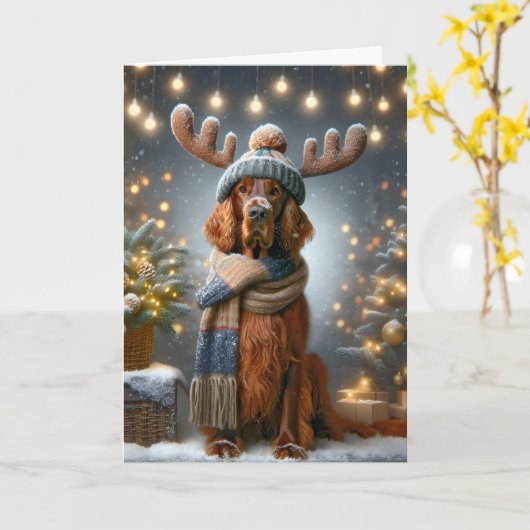 Kerst Ierse Setter met rendier gewei Kaart (Gele Bloem)