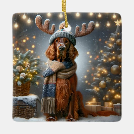 Kerst Ierse Setter met rendier gewei Keramisch Ornament (Voorkant)