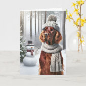 Kerst Ierse Setter met Sneeuwman Kaart (Gele Bloem)