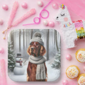 Kerst Ierse Setter met Sneeuwman Papieren Bordje (Feest)