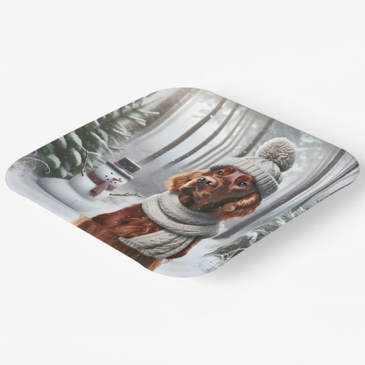 Kerst Ierse Setter met Sneeuwman Papieren Bordje (Gebogen)