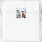 Kerst Ierse Setter met Sneeuwman Vierkante Sticker (Tas)