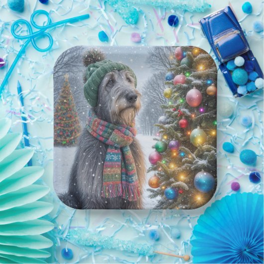 Kerst Ierse Wolfshond met boom Papieren Bordje (Feest)