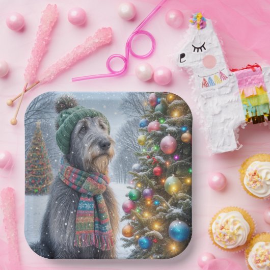 Kerst Ierse Wolfshond met boom Papieren Bordje (Feest)