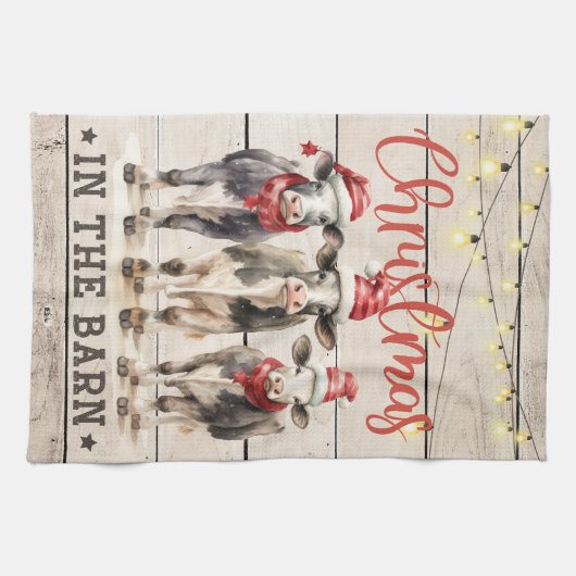 Kerst in de Schuur Koeien Dragen Santa Hats Theedoek (Horizontaal)