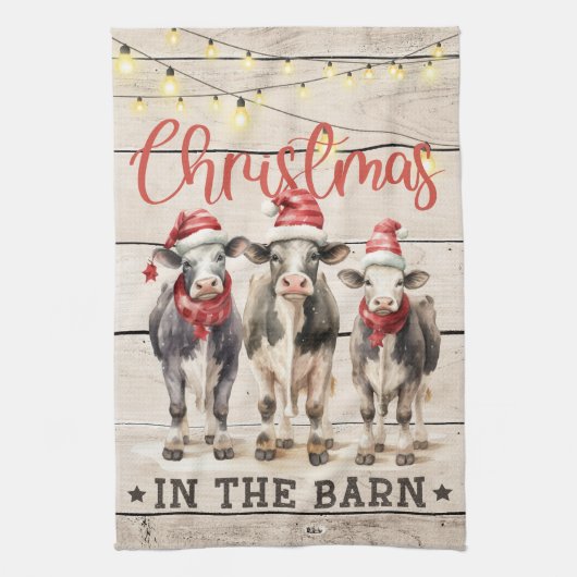 Kerst in de Schuur Koeien Dragen Santa Hats Theedoek (Verticaal)