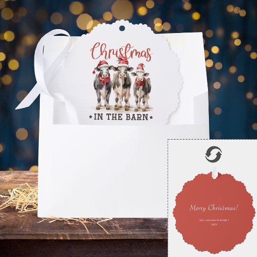Kerst in de Schuur Rustieke Koeien in Santa Hats Ornament Kaart