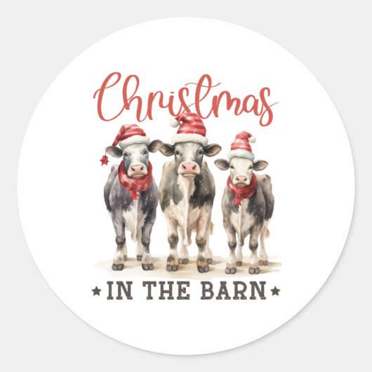 Kerst in de Schuur Rustieke Koeien in Santa Hats Ronde Sticker (Voorkant)