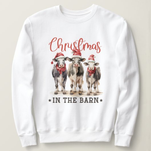 Kerst in de Schuur Rustieke Koeien in Santa Hats Trui (Design voorkant)