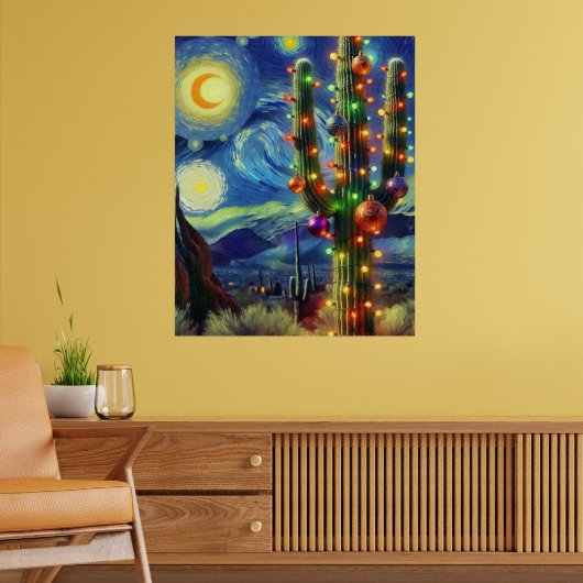 Kerst in de woestijn Saguaro Cactus Blue Green Poster (Woonkamer 2)