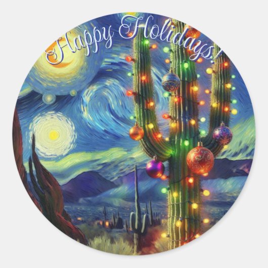 Kerst in de woestijn Saguaro Cactus Blue Green Ronde Sticker (Voorkant)