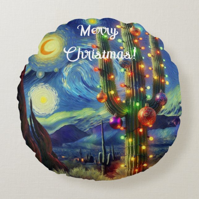 Kerst in de woestijn Saguaro Cactus Magnet Rond Kussen (Voorkant)