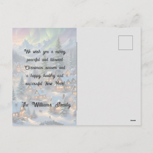 Kerst in een bergdorp, poollicht feestdagenkaart (Achterkant)