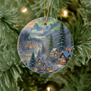 Kerst in een bergdorp, poollicht keramisch ornament