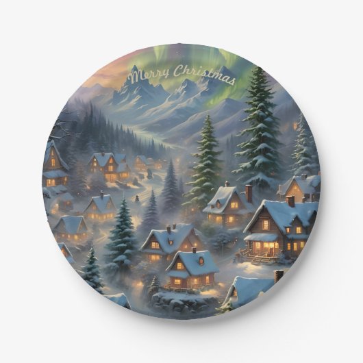 Kerst in een bergdorp, poollicht papieren bordje (Voorkant)