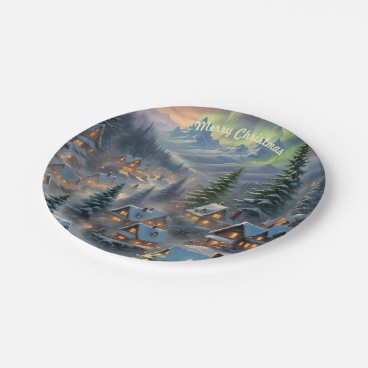 Kerst in een bergdorp, poollicht papieren bordje (Gekanteld)