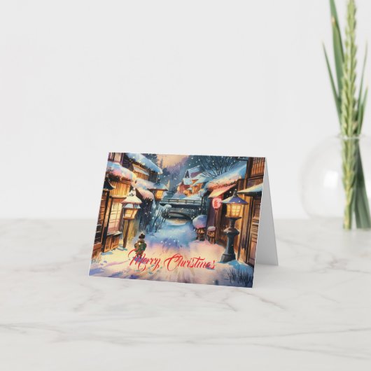 Kerst in een besneeuwd Japans dorp Feestdagen Kaart (Voorkant)