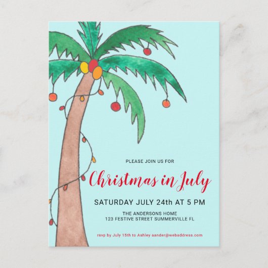 Kerst In Juli Feest Palm Postkaart Uitnodiging Briefkaart (Voorkant)