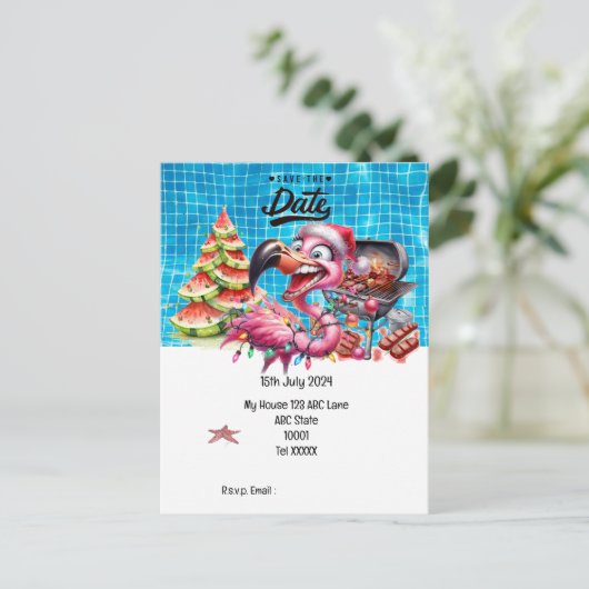 Kerst in juli Flamingo Save the Date Party Briefkaart (Staand voorkant)