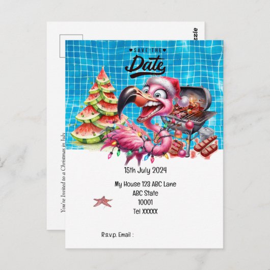 Kerst in juli Flamingo Save the Date Party Briefkaart (Voorkant / Achterkant)