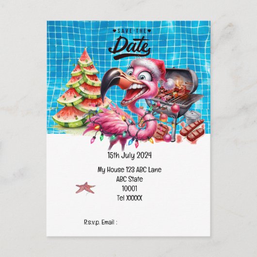 Kerst in juli Flamingo Save the Date Party Briefkaart (Voorkant)