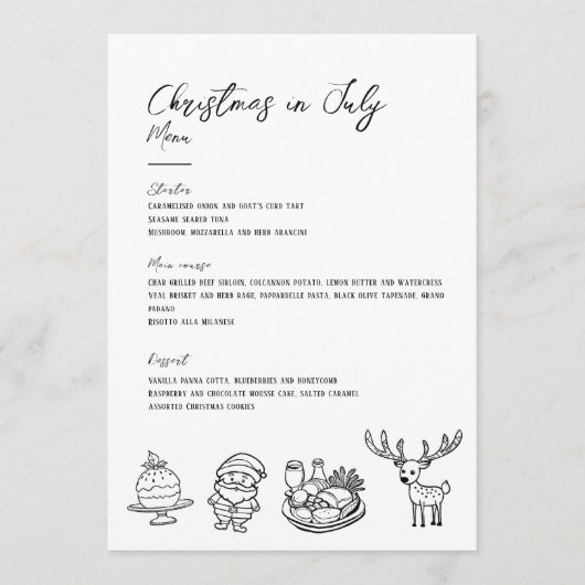 Kerst in juli handgetekend klassiek menu (Voorkant)