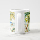 Kerst in juli met de kerstman op het strand grote koffiekop (Achterkant)