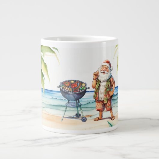 Kerst in juli met de kerstman op het strand grote koffiekop (Voorkant)