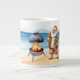 Kerst in juli met de kerstman op het strand grote koffiekop