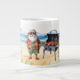 Kerst in juli met de kerstman op het strand grote koffiekop