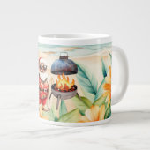 Kerst in juli met de kerstman op het strand grote koffiekop (Voorkant rechts)